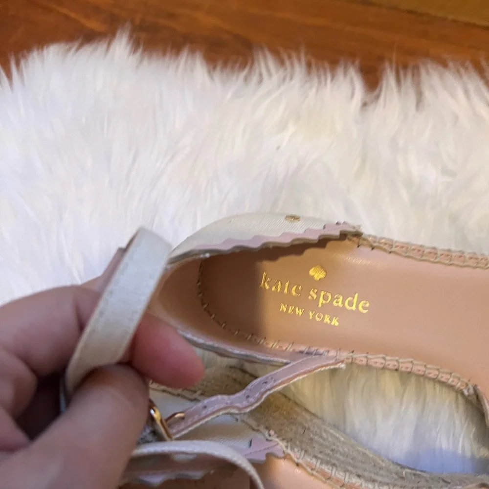 Kate Spade Espadrille Wedge Sandals NWT Cream Canvas Pink Scalloped Ankle Strap